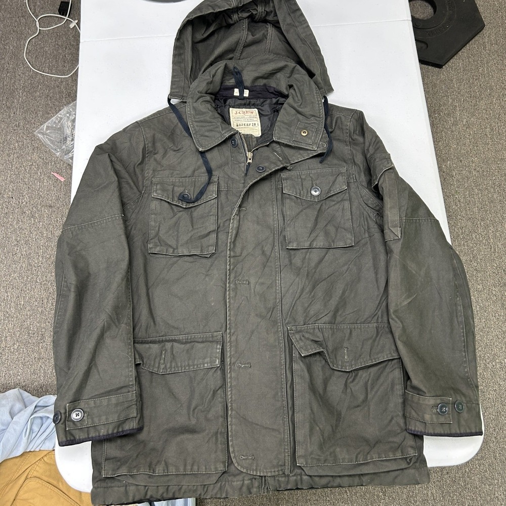 J. Crew Field Jacket Mens M Olive Green Hooded Utility Cargo Barn Coat D3